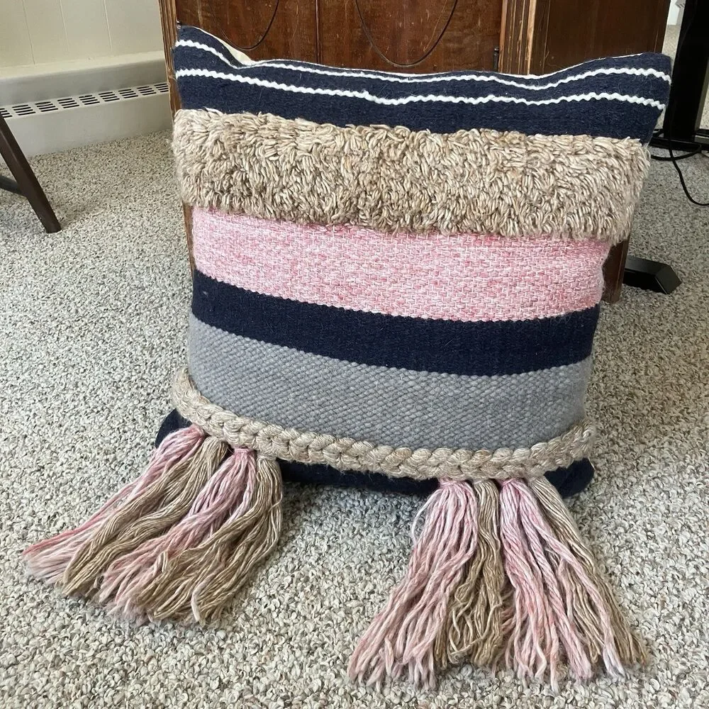 World Market Fringe Pillow Wool Cotton Boho Neutral Blue Pink Tan Braided Hippie